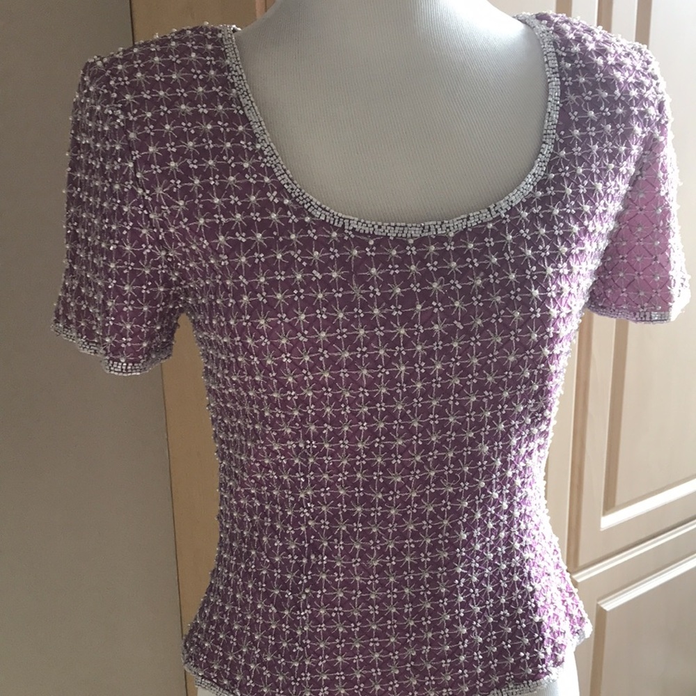Pearled and beaded short sleeve form fitting formal top Size 4